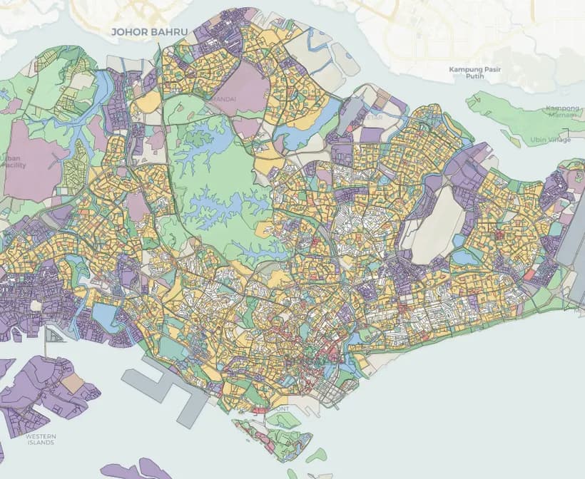 Prevo's map of Singapore with Master Plan 2025 land use colouring every parcel: residential in yellow, industrial in purple, parks in green.